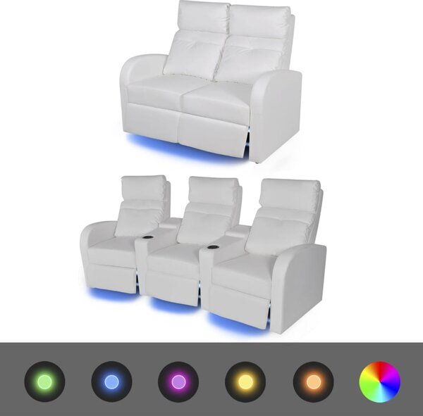 Canapea rabatabilă cu LED, 2+3 locuri, piele artificială, alb