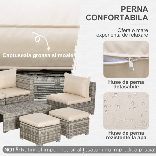 Outsunny Set Mobilier de Grădină Lux 8 Piese, Canapea, Perne Detașabile și Lavabile, Ratan PE Bej, Spațios | Aosom Romania