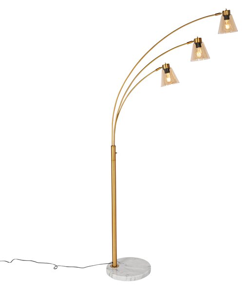 Lampă de podea arc bronz cu marmură și sticlă chihlimbar 3 lumini - Nina