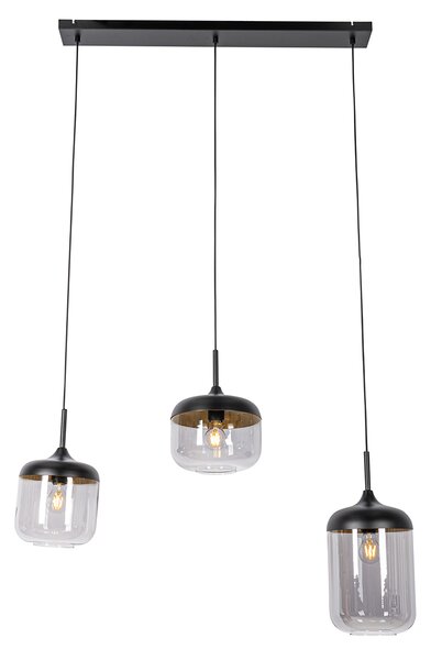 Lampă pendant de design neagră cu auriu și sticlă fumurie cu 3 lumini - Kyan