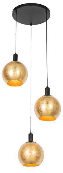 Lampă suspendată de design neagră cu sticlă aurie cu 3 lumini - Bert