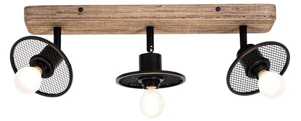 Plafoniera industriala neagra cu lemn 3 lumini - Jasmine