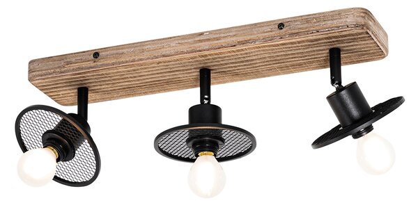 Plafoniera industriala neagra cu lemn 3 lumini - Jasmine
