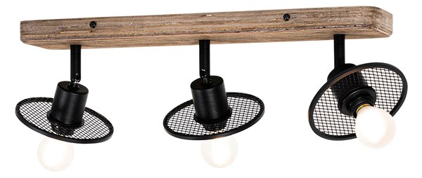 Plafoniera industriala neagra cu lemn 3 lumini - Jasmine