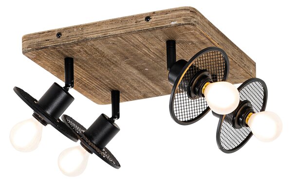 Plafoniera industriala neagra cu lemn 4 lumini - Jasmine