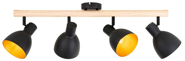 Spotlight rustic negru cu lemn 4 lumini - Flint