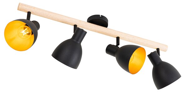 Spotlight rustic negru cu lemn 4 lumini - Flint