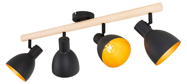 Spotlight rustic negru cu lemn 4 lumini - Flint