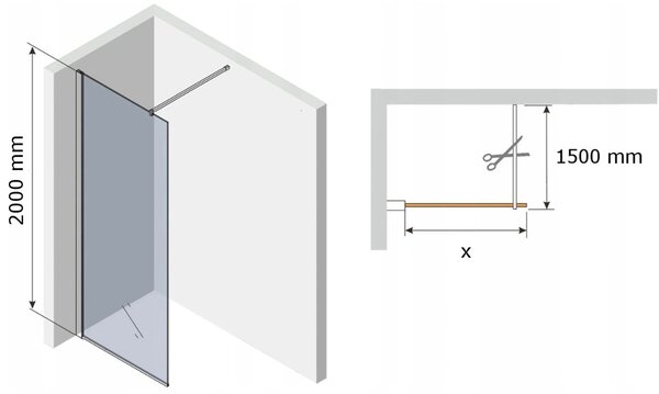 Paravan de duș Mexen Kioto WALK-IN 8mm, 30x200 cm, cadru negru, 800-030-000-00-70