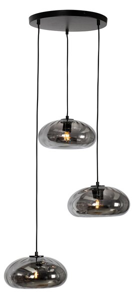 Lampă suspendată Art Deco neagră cu sticlă fumuriu rotundă cu 3 lumini - Ayesha