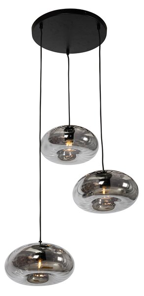 Lampă suspendată Art Deco neagră cu sticlă fumuriu rotundă cu 3 lumini - Ayesha