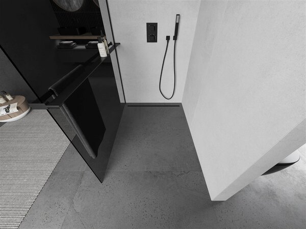 Mexen Kioto+, paravan de dus cu polita si suport pentru prosoape 130 x 200 cm, sticla gri 8mm, profil negru, 800-130-121-70-40