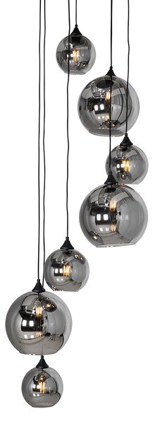 Lampă suspendată Art Deco neagră cu sticlă fumurie rotundă cu 7 lumini - Sandra