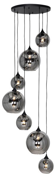 Lampă suspendată Art Deco neagră cu sticlă fumurie rotundă cu 7 lumini - Sandra