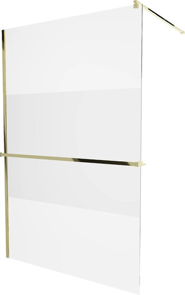 Mexen Kioto+, paravan de duș cu poliță și suport pentru prosoape 140 x 200 cm, model sticlă transparentă de 8 mm, profil auriu, 800-140-121-50-35
