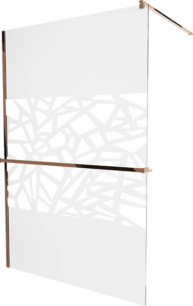Mexen Kioto+, paravan de duș cu poliță și suport pentru prosoape 140 x 200 cm, sticlă transparentă model alb de 8 mm, profil auriu roz, 800-140-121-60-85