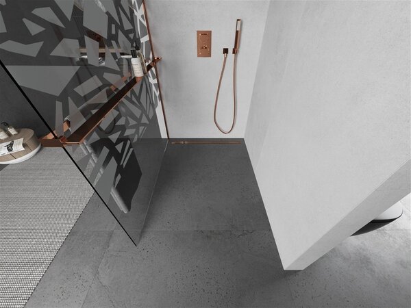 Mexen Kioto+, paravan de duș cu poliță și suport pentru prosoape 140 x 200 cm, sticlă transparentă model alb de 8 mm, profil auriu roz, 800-140-121-60-85