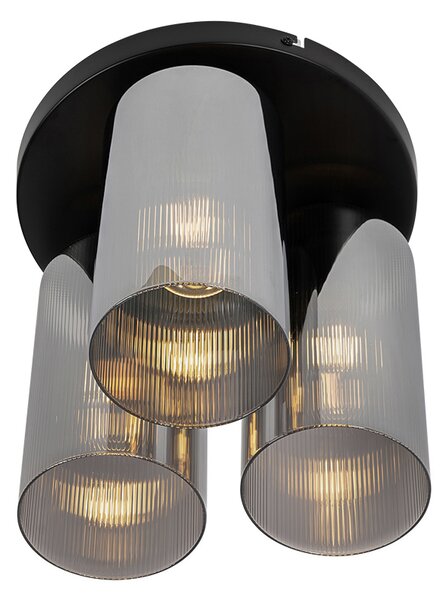 Plafoniera Art Deco neagră cu sticlă fumurie cu 3 lumini - Laura