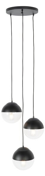 Lampă suspendată retro neagră cu sticlă transparentă rotundă cu 3 lumini - Eclipse
