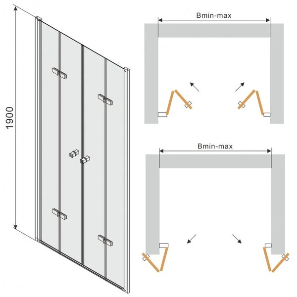 Mexen Lima Duo, usa de dus plianta pentru deschidere 160 cm, sticla transparenta 6 mm, profil cromat, LIMA DUO DOOR 160