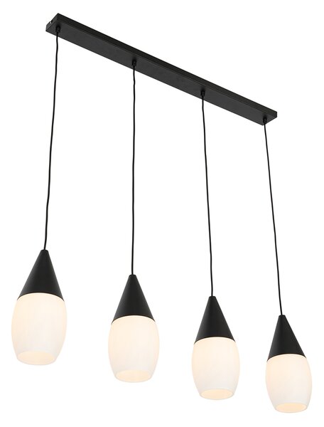 Lampă modernă suspendată neagră cu sticlă opalescentă 4 lumini - Drop