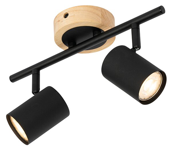 Spotlight modern negru cu lemn inclinabil cu 2 lumini - Jeana