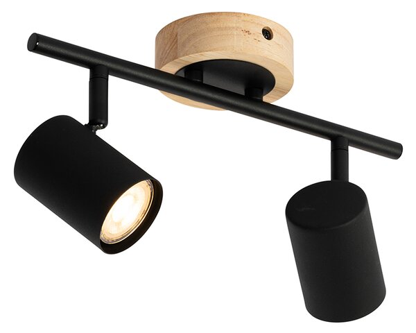 Spotlight modern negru cu lemn inclinabil cu 2 lumini - Jeana