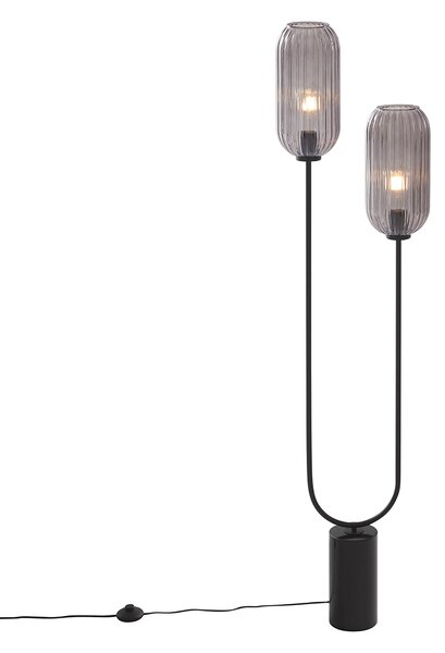 Lampă de podea Art Deco neagră cu sticlă fumurie cu 2 lumini - Rid
