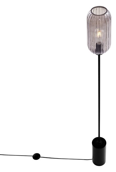 Lampa de podea Art Deco neagră cu sticlă fumurie - Rid