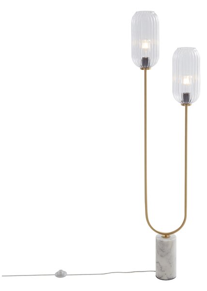 Lampă de podea Art Deco din alamă cu sticlă transparentă cu 2 lumini - Rid