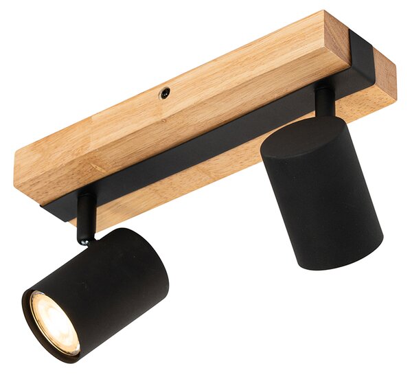 Plafoniera neagra cu lemn, 2 lumini reglabile, dreptunghiulara - Jeana
