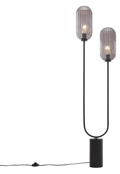 Lampă de podea Art Deco neagră cu sticlă fumurie cu 2 lumini - Rid