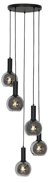 Lampă suspendată Art Deco neagră cu sticlă fumurie rotundă cu 5 lumini - Josje