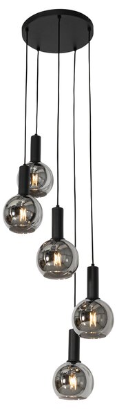 Lampă suspendată Art Deco neagră cu sticlă fumurie rotundă cu 5 lumini - Josje