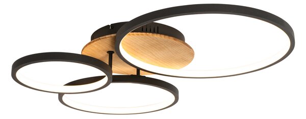 Plafoniera neagră cu lemn incluzând LED cu dimmer în 3 trepte, 3 lumini - Alec