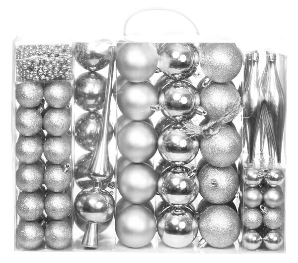 Set ornamente de brad, 112 piese, in 4 culori-argintiu
