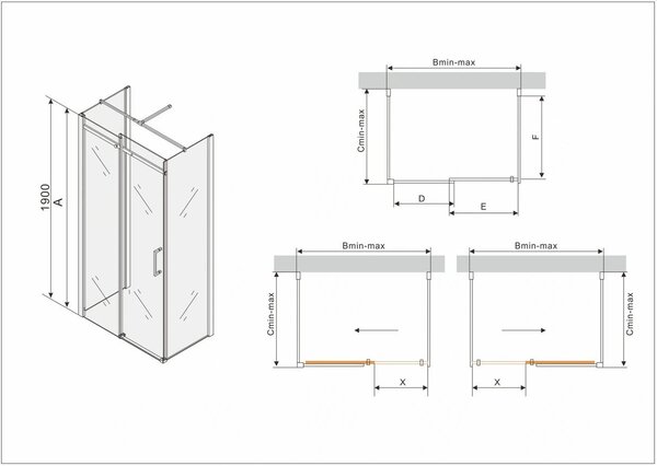 Mexen Omega, cabină de duș cu 3 pereți cu ușă glisantă 150 (uşă) x 100 (perete) cm, sticlă transparentă 8 mm, profil cromat, 825-150-100-03-00