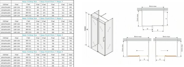 Mexen Omega, cabină de duș cu 3 pereți cu ușă glisantă 150 (uşă) x 100 (perete) cm, sticlă transparentă 8 mm, profil cromat, 825-150-100-03-00