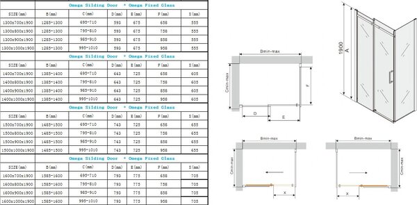 Mexen Omega, cabina de dus cu usa culisanta 160 (usa) x 70 (perete) cm, sticla 8mm, profil crom- sticla gri, 825-160-070-01-40