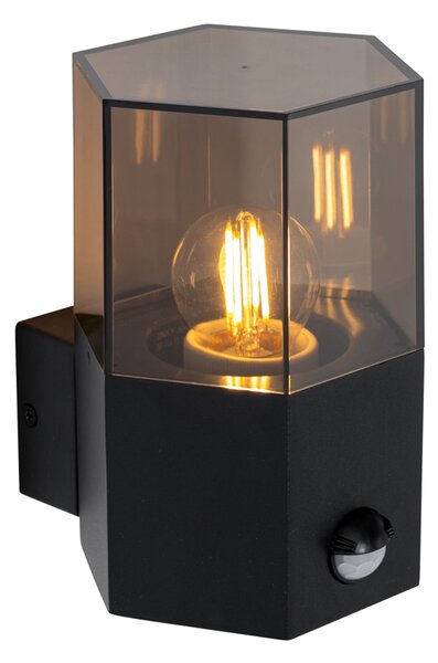 Lampă de perete exterioară neagră cu sticlă fumurie hexagon și senzor de mișcare - Denmark
