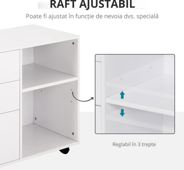 HOMCOM Mobilier Multifuncțional pentru Imprimantă cu 3 Sertare, Birou pe Roti, 80x40x65cm, Spațiu de Depozitare, Alb | Aosom Romania