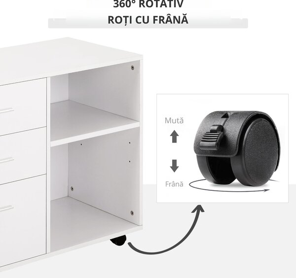 HOMCOM Mobilier Multifuncțional pentru Imprimantă cu 3 Sertare, Birou pe Roti, 80x40x65cm, Spațiu de Depozitare, Alb | Aosom Romania
