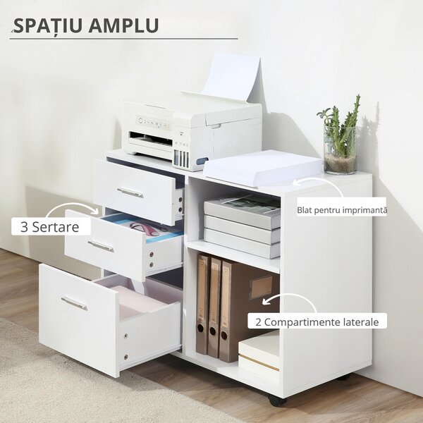 HOMCOM Mobilier Multifuncțional pentru Imprimantă cu 3 Sertare, Birou pe Roti, 80x40x65cm, Spațiu de Depozitare, Alb | Aosom Romania