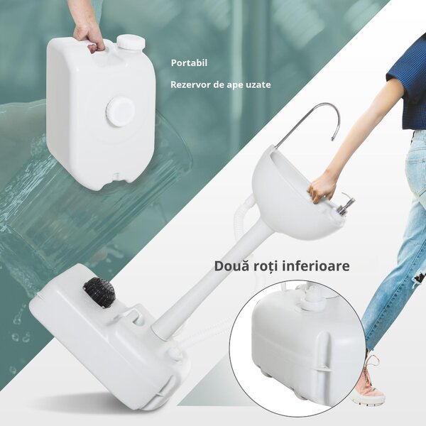 Chiuveta Portabila de Camping cu 2 roti, Rezervor de Apa de 17 litri, Rezervor de Sapun 83x50x103cm Outsunny | Aosom Romania