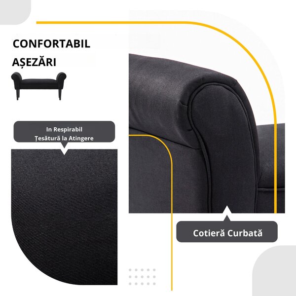 HOMCOM Bancă de Capăt de Pat cu Cotiere Rulate, Bancă Căptușită pentru Dormitor, 102x36x51 cm, Negru | Aosom Romania