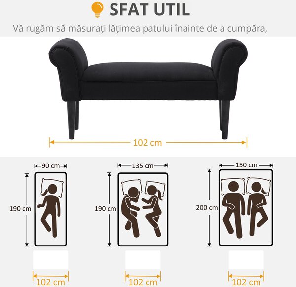HOMCOM Bancă de Capăt de Pat cu Cotiere Rulate, Bancă Căptușită pentru Dormitor, 102x36x51 cm, Negru | Aosom Romania