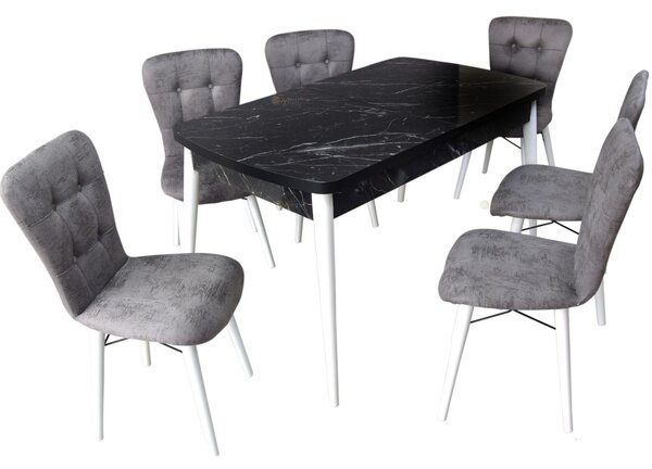 Set masa extensibila cu 6 scaune tapitate gri Homs masa marmurat negru picor alb 170 x 80 cm