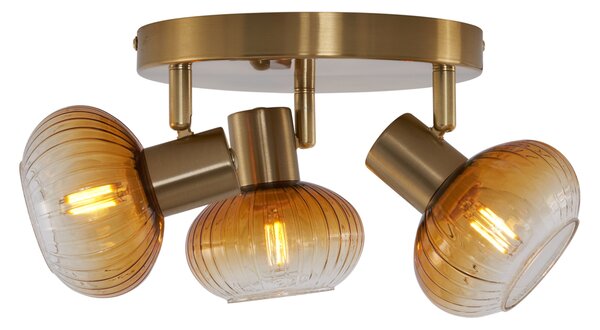 Spotlight modern auriu cu sticlă chihlimbar rotundă cu 3 lumini - Teddy