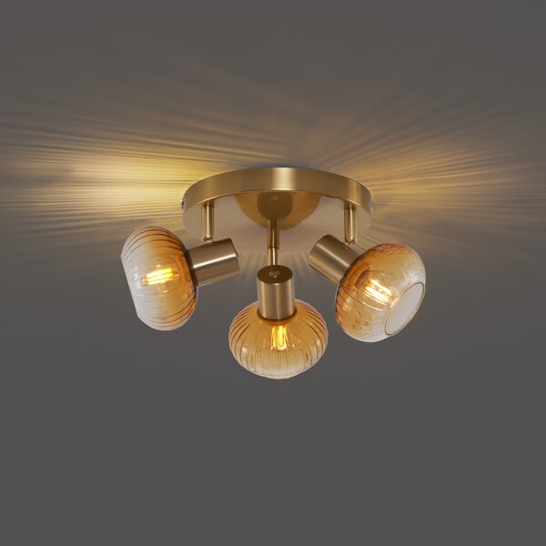 Spotlight modern auriu cu sticlă chihlimbar rotundă cu 3 lumini - Teddy