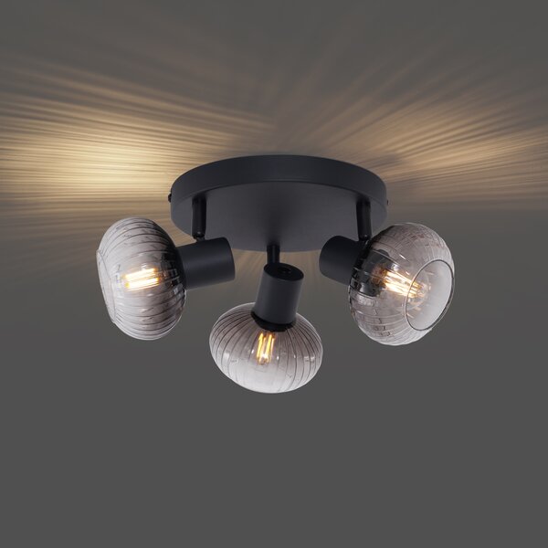 Spotlight modern pentru tavan negru cu sticlă fumuriu rotundă 3 lumini - Teddy
